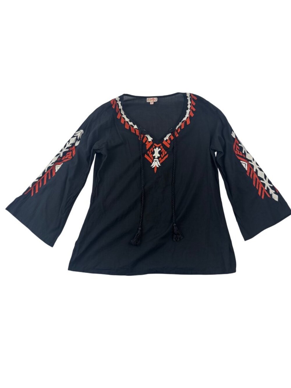 Scully M Black Cotton Boho Western Top Orange Embroidery & Tassels Bell Sleeves